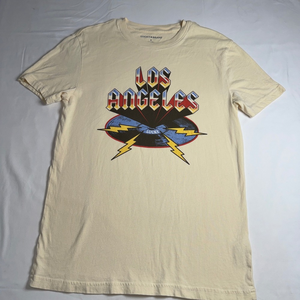 Lucky Brand Los Angeles Record Lightning Bolt Graphic Tee Cream Small